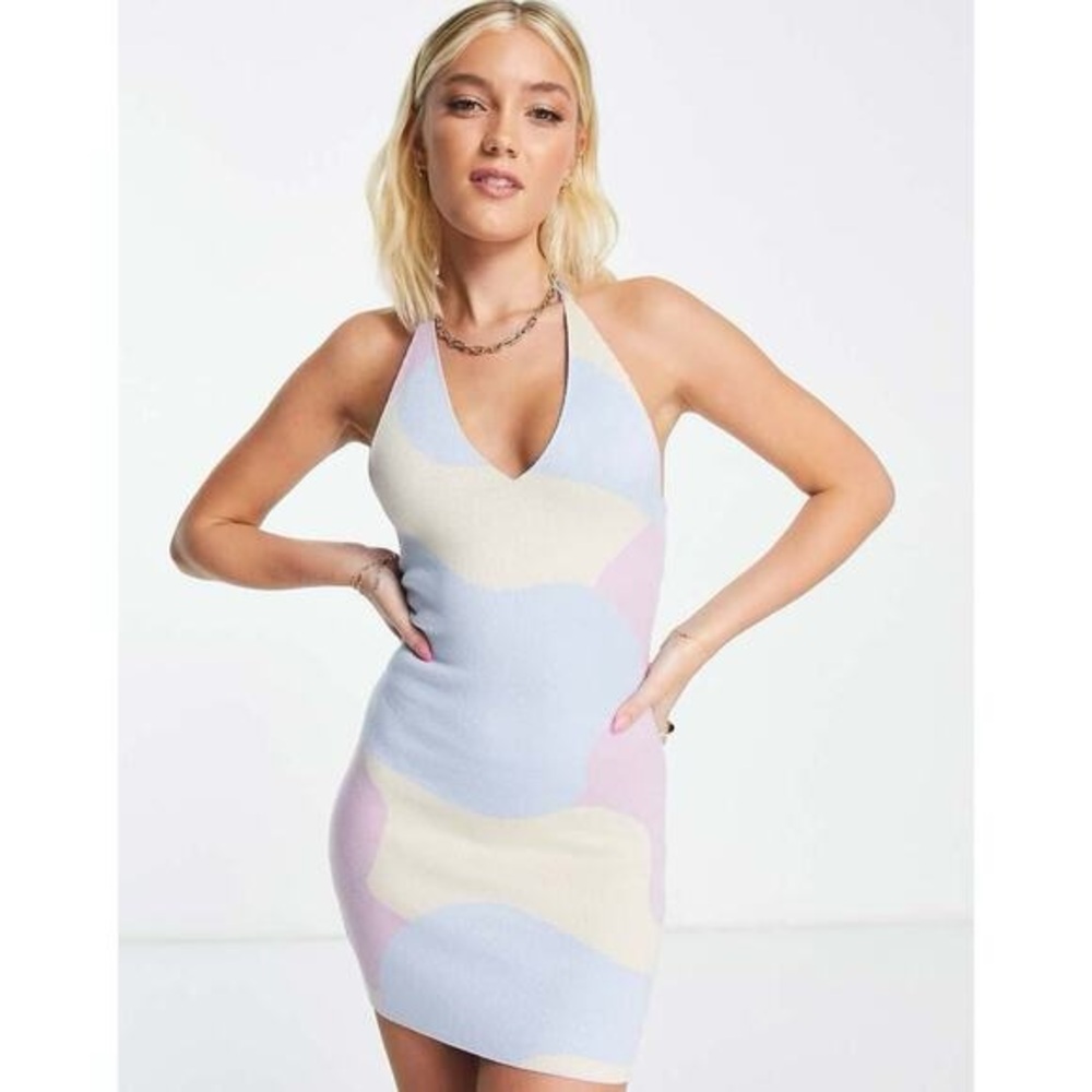Peppermayo Pastel Abstract‎ Halter Knit Mini Dress S/M Y2K